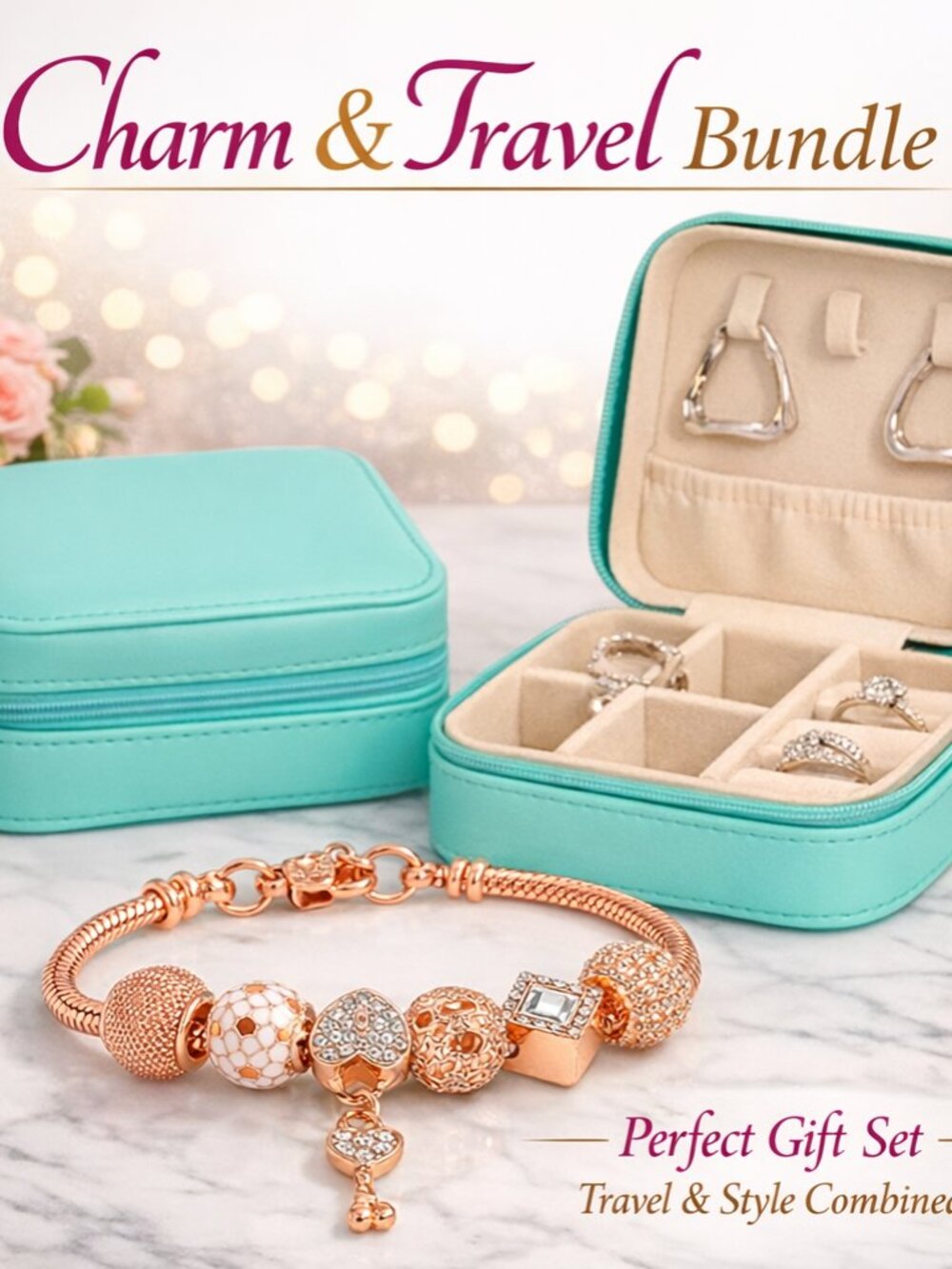 Luxe Travel Jewelry Case & Rose Gold Charm Bracelet Gift Set - Brand New